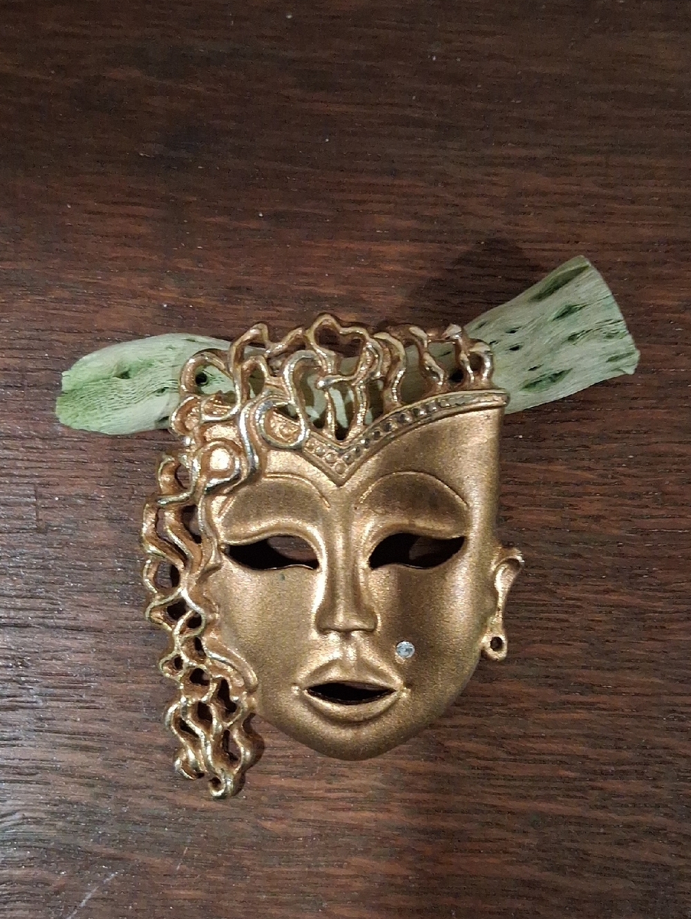Gold Masquerade Face Brooch with Crystal Accent - Women's Jewelry